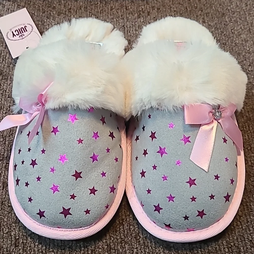 JUICY COUTURE BRAND GIRL'S GRAY AND PINK SLIPPERS WITH STARS SIZE 13-1